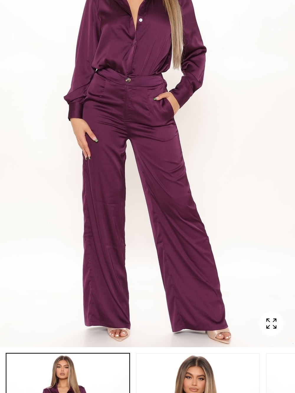 NWT Satin Wide-Leg Pants Set in Plum